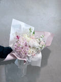 Blush hydrangea bouquet with peony and ivory roses