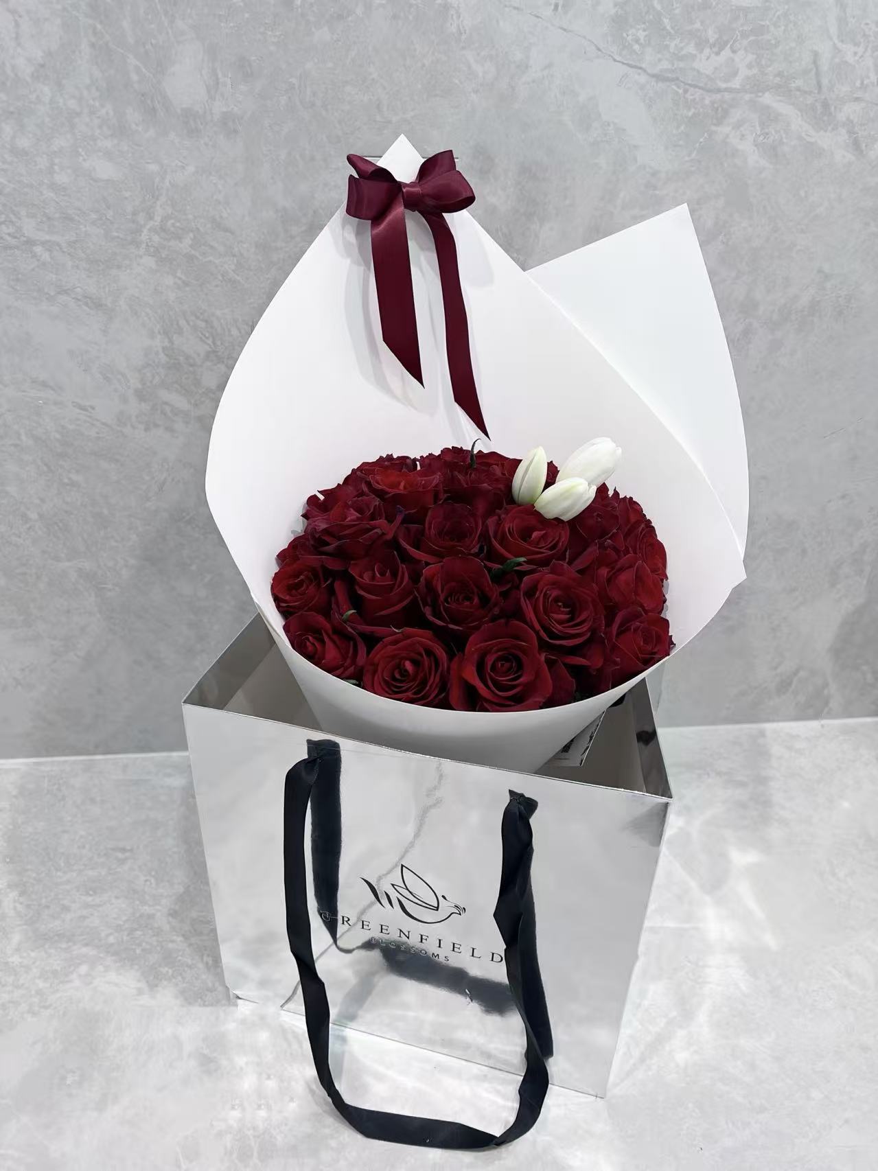 Ecuadorian red rose bouquet with white tulips